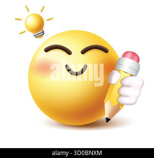 Emoji zurück zur Schule Icon Clipart. Gelbe Emoticon-Figur mit scharfem Bleistiftelement-Clip-Art mit süßem, fröhlichem, nachdenklichem, fröhlichem, lustigem Stock Vektor