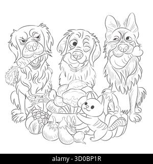Schwarz-weiße Vektor-Illustration von drei Hunden mit Gemüse und einer Katze Stock Vektor