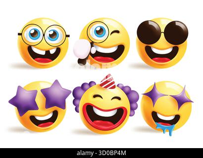 Emoji Maskottchen süßes Clipart-Set. Clown frech glücklich Emoji Clip Art mit Sonnenbrille, Sternauge, lustiges Gesicht, cool und Runde gelbe Gesichts Sammlung Vektor Stock Vektor