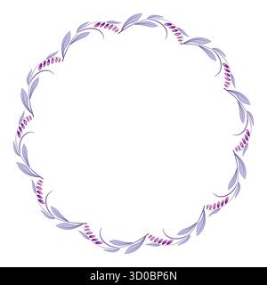 Runder Blumenrahmen aus violetten Blättern und Blüten. Mandala aus geschwungenen Blättern und Blumen in modernem Stil. Blumenkranz auf weißem Hintergrund. Empfindliche stanznieten Stock Vektor
