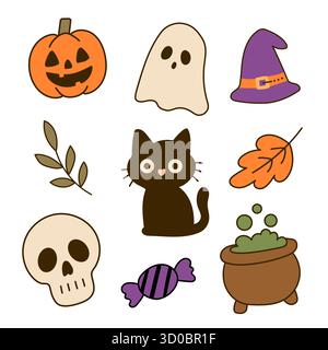 Set aus halloween-Elementen mit Geist, Katze, Schädel, Gift, Hut und Kürbis Stock Vektor