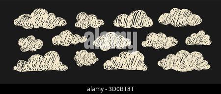 Kindliche weiße Wolken. Rauer, handgezeichneter, strukturierter Himmel für Lehrmaterialien oder die Einrichtung im Kinderzimmer. Satz von Vektorabbildungen Stock Vektor