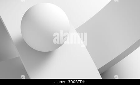 Eine klare, weiße Komposition mit einer Kugel auf sich schneidenden Winkelebenen mit weichen Schatten. Modernes, architektonisches Feeling geeignet für Design, Technik, Stockfoto