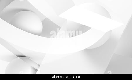 Klare, abstrakte weiße Komposition mit geschwungenen Streifen und weichen Kugeln. Ideal für Technologie-, Design- oder Unternehmenshintergründe. Ruft Einfachheit hervor, Stockfoto