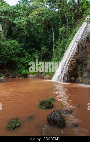 Eine ruhige tropische Szene mit einem hohen Wasserfall, der sich über eine felsige Klippe in einen schlammigen braunen Pool ergießt und von dichtem grünen Wald umgeben ist. Perfekt für n Stockfoto