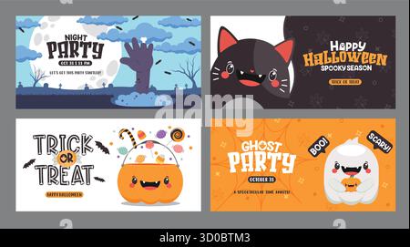 Halloween Party Clipart Banner Set. Happy Halloween Night und Geisterparty Einladung Karte Banner Vorlage Clip Art mit niedlichen und lustigen Charakteren Stock Vektor