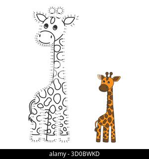 Ausmalbuch für Kinderspiele. Zeichne eine Giraffe von Punkt zu Punkt Stock Vektor
