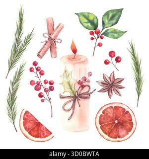 Weihnachtsset mit Kerze, Winterbeeren, Zimt, Orangenscheiben, Sternanis, Tannenzweige. Handgemalte Aquarellillustration. Isoliert auf weißem Hintergrund. Für Einladungs- und Grußkarten. Stockfoto