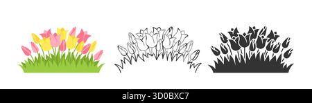 Blumenbeet mit blühenden Tulpen in grünem Gras. Blütenknospen in drei Stilen farbenfrohe flache, dünne Linie und schwarze Silhouette. Blumensommerfeld, Frühlingswiese. Natursymbol für Gartenpflanzen Stock Vektor