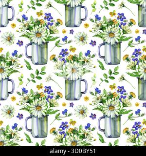 Nahtloses Blumenmuster mit Becher und Blumenstrauß mit Gänseblümchen. Handgezeichnetes Aquarell für Druck, Stoff Stockfoto