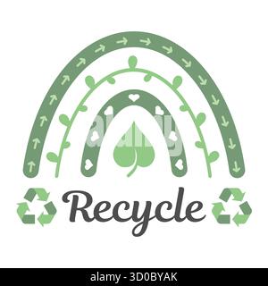 Boho Rainbow Recycle-Konzept mit grünem Blatt und Öko-Symbol. Umweltbewusstes Bewusstsein, Nachhaltigkeit, Konzept ohne Verschwendung. Naturschutz und Umwelt. Vektor Stock Vektor