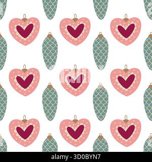 Nahtloses Weihnachtsmuster mit Herzverzierung und festlichem Vintage-Weihnachtsdesign in Pinecone Stock Vektor