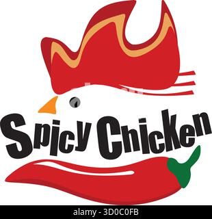 Ein auffälliges und verspieltes „Spicy Chicken“-Logo mit einem stilisierten Hahnenkopf in Kombination mit roter Chili-Pfeffer. Perfekt für Restaurant-Branding, heiße Soße Stock Vektor