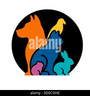 Logo der Tierklinik mit Silhouetten von Haustieren. Handgezeichnet. Nicht AI, Vektordarstellung. Stock Vektor