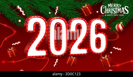 Festliches Silvester- und Weihnachtsdesign 2026 mit Weihnachtselementen. Vektorabbildung Stock Vektor