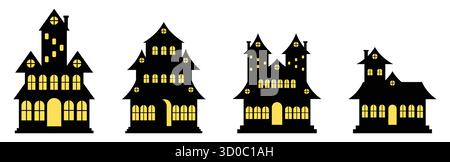 Silhouette Eines Hauses oder Schlosses mit vielen Fenstern und warmem Licht Stock Vektor