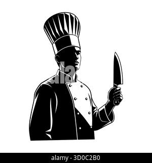 Schwarz-weiße Silhouette eines männlichen Küchenchefs, der ein Messer in Uniform hält. Stock Vektor