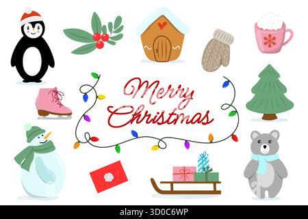 Weihnachtselemente Vektor-Illustration mit Pinguin, Schneemann, Bär, Geschenken und festlichen Dekorationen. Winter-Clipart-Set für Feiertage Stock Vektor