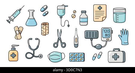Medizinische Kritzelsymbole im handgezeichneten Stil mit medizinischen Geräten, Medizin und Krankenhausausstattung. Perfekt für Web-Design, Infografiken, Pädagogik Stock Vektor