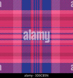 Zeremonie Tartan Stoff Check, 1950er Jahre Textil Vektor nahtlos. Karo mit Werkstattstruktur und Hintergrundmuster in rosa und blauen Farben. Stock Vektor