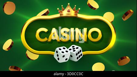 Goldenes Casino-Schild mit Würfeln und fallenden Münzen auf einem leuchtend grünen Hintergrund, perfekt für Spiele und Unterhaltung. Vektorabbildung. Stock Vektor