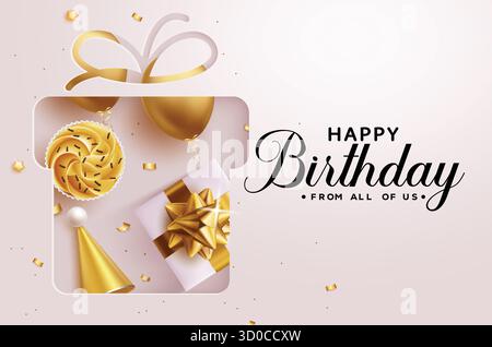 Happy Birthday Grueting Text Clipart Template Design. Geburtstagsgeschenk Form Clip Art mit Tasse Kuchen, Ballons, Partyhut und Geschenkbox gelbe Dekoration Stock Vektor