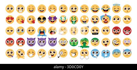 Emoji-Symbol Clipart Set. Gelbe Emojis Charakterclip-Art wie glücklich, lachen, ich mag dich, Geld Mund, Weinen, frustriert, wütend, kalt, Stimmung aus, Lippe Stock Vektor