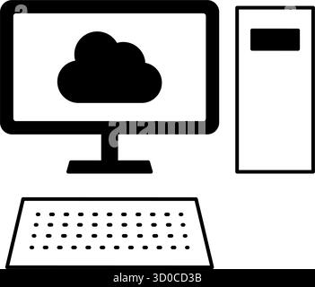 Desktop-PC verbunden mit Cloud Line Symbol mit Cloud und Desktop-Computer, Schwarzweiß, Vektorillustration Stock Vektor