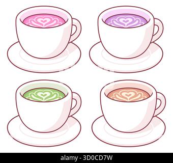 Rosa Latte, lila Latte, Matcha Latte Tassen. Neuartige Kaffeegetränke, süßes Zeichentrickset. Isolierte Vektordarstellung. Stock Vektor