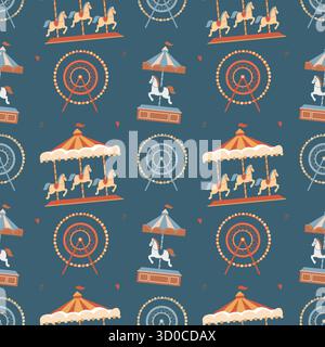 Ein nahtloses Muster mit einem Vergnügungspark auf dunklem Hintergrund. Ein Karussell mit Pferden und einem Riesenrad auf blauem Hintergrund. Ein Cartoon-Vektor-Hintergrund mit einer Vergnügungsmesse in einem flachen Stil. Stock Vektor