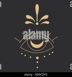 Himmelslinie Auge mit Mond, Punkte, Goldfarbe auf dunklem Hintergrund. Minimales spirituelles mystisches Schutzsymbol, Tattoo. . Vektorabbildung Stock Vektor