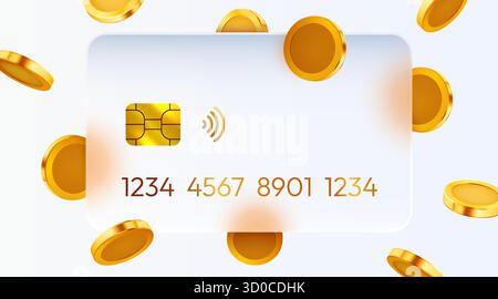 Moderne Glaskreditkarte mit goldenen Münzen. Konzept für digitales Banking und sichere Online-Zahlungen. Vektorabbildung Stock Vektor