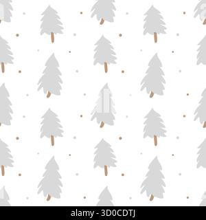 Ein einfaches nahtloses Vektormuster mit grauen Weihnachtsbäumen auf weißem Hintergrund. Winter Weihnachten Hintergrund. Einfache flache Illustration für Geschenkpapier, Textilien und Winterdekoration. Skandinavischer Wald. Stock Vektor