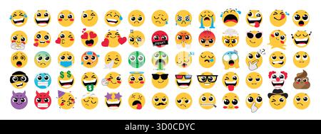 Emoji-Symbol Clipart Set. Gelbe Emojis-Charakterclip-Art mit süßer, glücklicher, trauriger, weinender Herzhand, verliebt, mag ich dich, wütend und alberne Gesichts-Emoji Stock Vektor