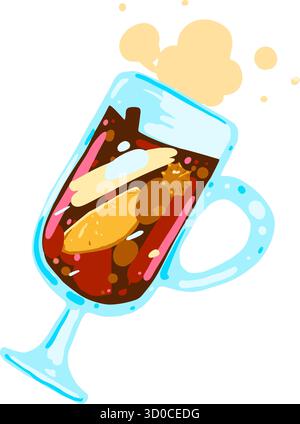 Vektor-Illustration von Glühwein mit Zimtstab und Orangenscheibe in einer Glasschale. Handgezeichnetes heißes Wintergetränk isoliert auf weißem Hintergrund Stock Vektor
