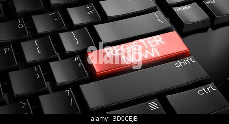 Jetzt registrieren – Computertastatur – 3D-Abbildung Stockfoto