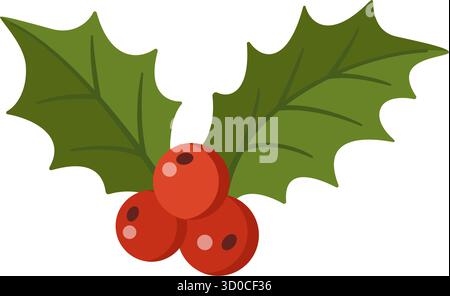 Stechpalmenzweig mit grünen Blättern und roten Beeren. Handgezeichnet trendiger flacher Stil isoliert. Perfekt für Weihnachtskarten, Winterdekoration, Einladungen und festliche Designs. Vektorabbildung Stock Vektor