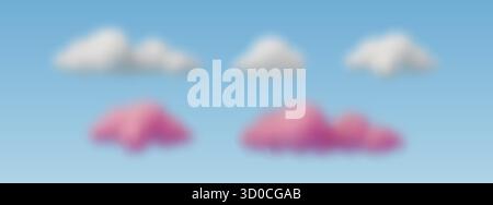 Flauschige 3D-Wolken in weißen und rosa Farben, isoliert auf dem Himmelhintergrund. Niedliche, traumhafte Pastellelemente, weiche Baumwollformen für Fantasie und Dekoration Stock Vektor