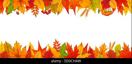 Herbstlaub Vektorrahmen mit Beeren und Eicheln, Eiche, Ahorn, Aspen und Birkenblätter in roten, orange, braunen und gelben Farben. Herbst Herbst saisonale Grenze. Vorlage mit Comic Blattwerk Stock Vektor