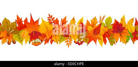 Herbstlaub nahtlose Vektorgrenze mit roten, orangen, gelben, braunen und grünen Eichen, Ahorn, Birken und eberesblättern kombiniert mit Eicheln und Beeren. Herbstdekoration, Laubgirlande Stock Vektor