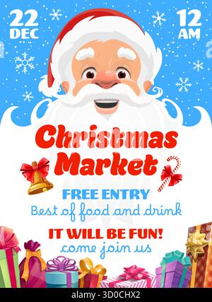 Weihnachtsmarkt Flyer mit lustigem Weihnachtsmann und weißem Bart und Zuckerrohr, goldene Glocke, Sack mit Geschenken. Claus in rotem Hut und Kostüm auf blauem Poster. Zeichentrickfiguren-Fahnenbanner für die Saison Stock Vektor