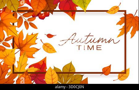 Herbstposter oder Grußkarte mit Herbstlaub und Rahmen aus Orange, Rot und Gelb Eiche, Ahorn und Birke saisonales Laub. Herbstsaison Vektorbanner mit Rahmen aus Ahorn und Eichenblättern Stock Vektor
