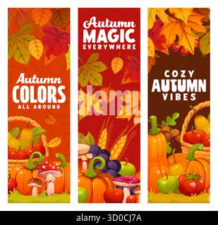 Herbst-Banner mit Kürbissen, Herbstblättern, Pilzen, Früchten und Weizenohren, Äpfeln, Trauben, Eicheln und Beeren. Herbstsaison Vektor Banner mit Zitaten und Herbsternte im Laub Stock Vektor