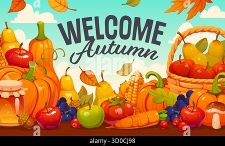 Herbsterntefest Vektorbanner der reichen Ernte mit Kürbissen, Äpfeln und Birnen. Trauben, Pilze, Maiskolben und Tomaten mit Karotten auf Holztisch mit Herbstlaub der Herbstlese Stock Vektor