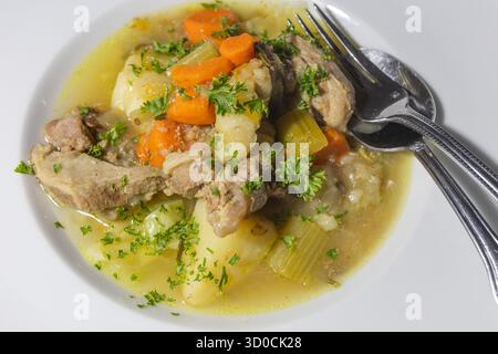 Hausgemachte, ungedickte Lammschulter und Gemüseeintopf mit Sellerie, Karotten, Kartoffeln und Zwiebeln, in einer weißen Suppenschüssel mit Löffel und Gabel Stockfoto