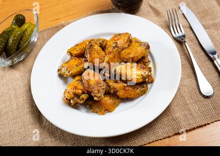 Es gibt einen herzhaften Snack auf dem Teller - eine große Portion gebratener Hähnchenflügel mit eingelegten Gurken. Stockfoto