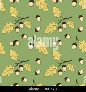 Herbsteichenacheln, grünes Muster mit Eichenzweigen und Eichelnüssen. . Vektorabbildung Stock Vektor