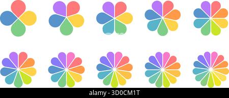 Diagrammsatz mit Blütenblättern. Infografik-Kreissymbol. Einfaches Diagramm für Tortendiagramm. Geometrisches grafisches Element der Form „Blume Leave Shape“. Mehrfarbiges Rundraddiagramm. Farbe Stock Vektor