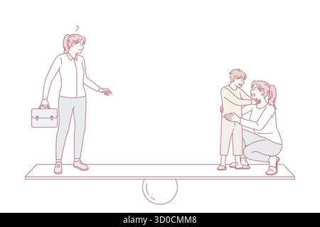 Frau wählen zwischen Beruf und Privatleben oder Mutterschaftsurlaub. Vereinbarkeit von Beruf und Familie. Geschäftsfrau und Mutter mit Kind auf den Seiten der Waage. Flache Vektorgrafik, Cartoon-Charakter. Stock Vektor