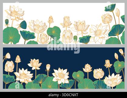 Goldener Lotushintergrund. Elegante Blumentapete mit dekorativen goldenen Blüten und luxuriösem grafischem Design mit Lotusblüten. Vektorillustrat Stock Vektor